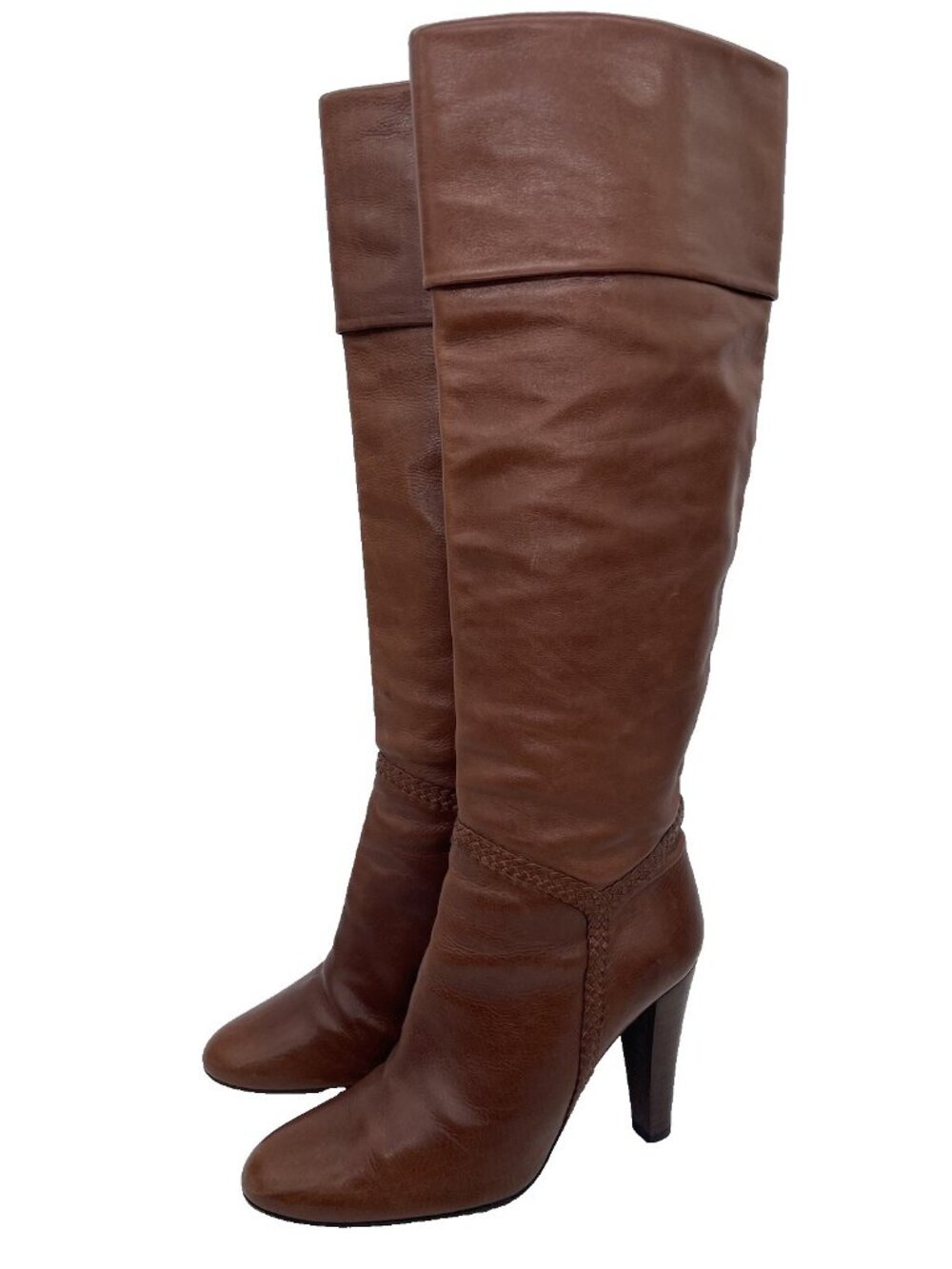 Barbara Bui Brown Leather Knee High Cuff Boots Pull On Heeled Women’s 37 Italy